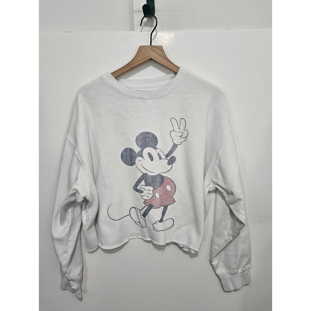 Disney Mickey Mouse Peace Sign White Cropped‎ Sweatshirt Pullover Graphic Top